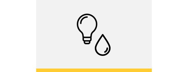 Light bulb outlined icon with a water drop outlined icon to the right of it; both placed on top of a light grey rectangle with an HD Supply yellow bottom border